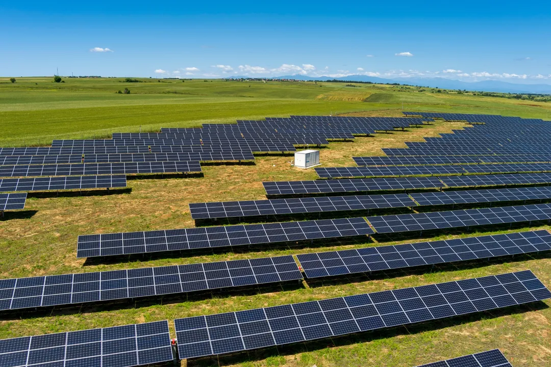 Image showing  photovoltaic panels park on green field in north Greece